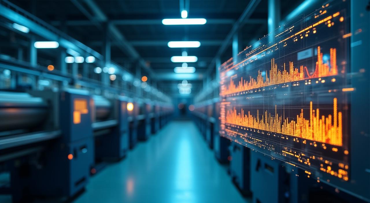 Modern textile factory floor with a large high-tech transparent data dashboard visible in the foreground