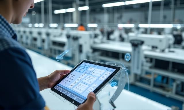 High-tech garment manufacturing facility with digital screen interfaces