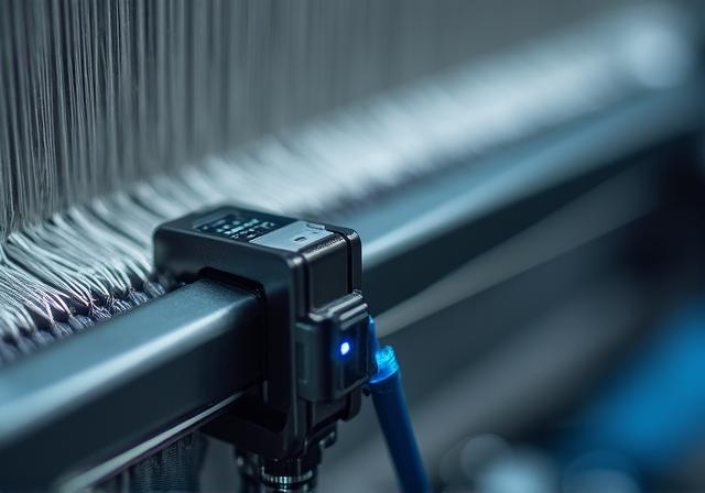 Close up of a smart sensor mounted on a modern weaving machine