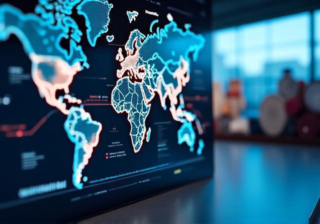 Digital dashboard showing global textile trade routes and data overlays